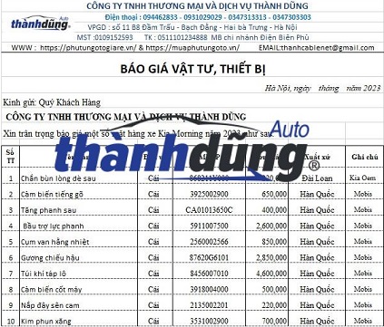 BÁO GIÁ PHỤ TÙNG XE KIA MORNING