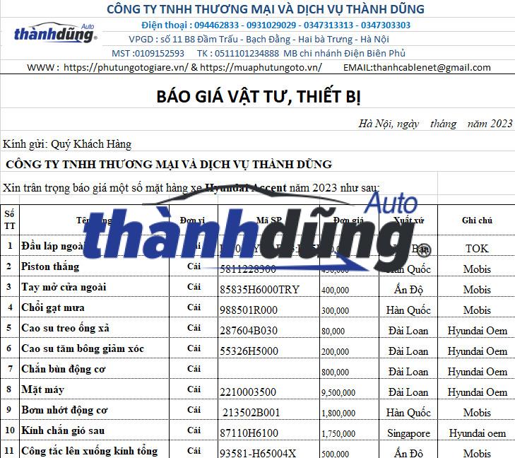 BÁO GIÁ PHỤ TÙNG XE HYUNDAI ACCENT