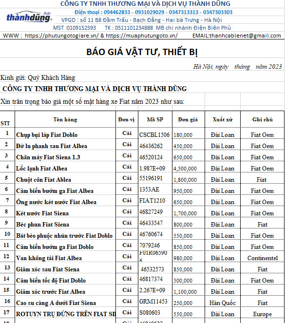 BẢNG BÁO GIÁ PHỤ TÙNG XE FIAT