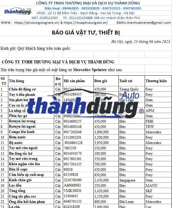BẢNG BÁO GIÁ PHỤ TÙNG XE MERCEDES SPRINTER