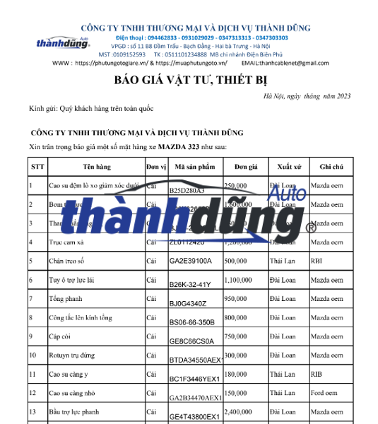 BÁO GIÁ PHỤ TÙNG XE MAZDA 323