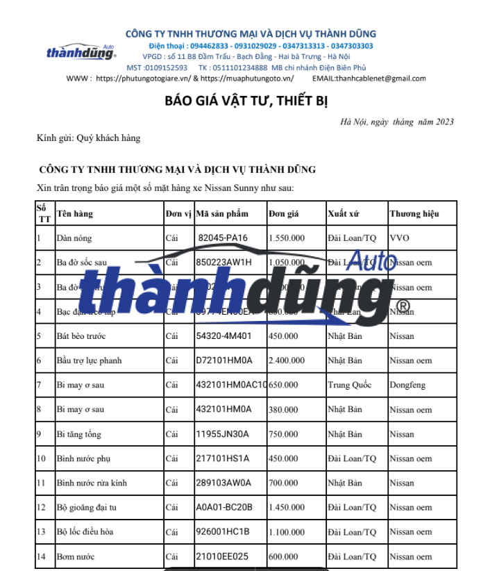 BÁO GIÁ PHỤ TÙNG XE NISSAN SUNNY