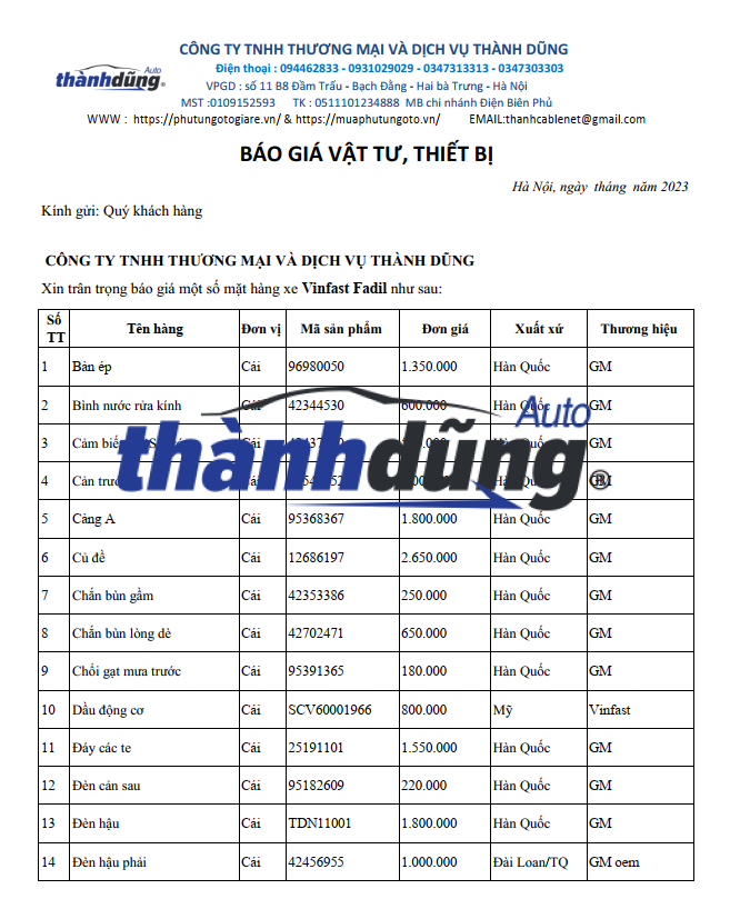 BÁO GIÁ PHỤ TÙNG XE VINFAST FADIL