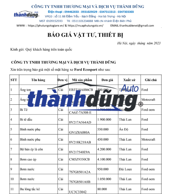 BÁO GIÁ PHỤ TÙNG XE FORD ECOSPORT