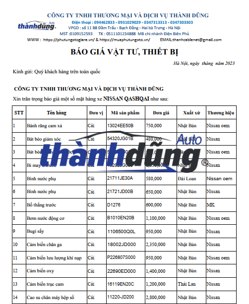 BÁO GIÁ PHỤ TÙNG XE NISSAN QASHQAI