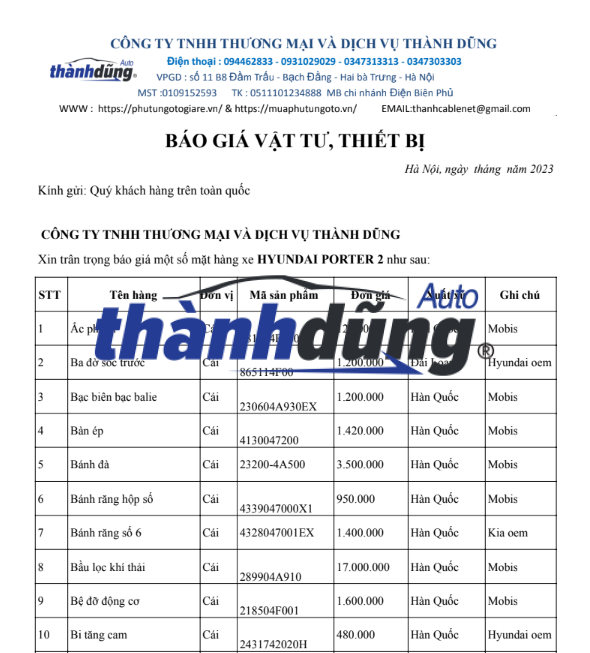 BÁO GIÁ PHỤ TÙNG XE HYUNDAI PORTER 2