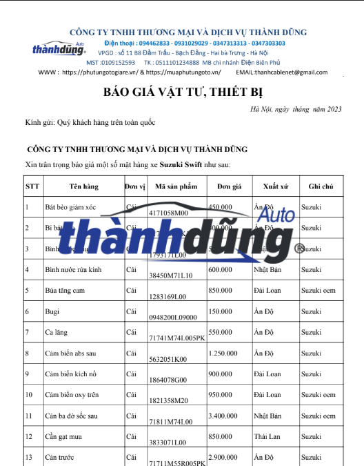 BÁO GIÁ PHỤ TÙNG XE SUZUKI SWIFT