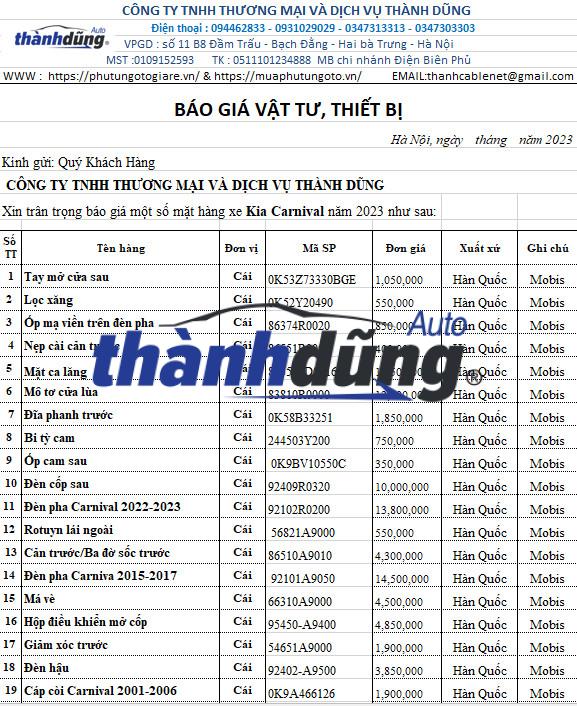 BÁO GIÁ PHỤ TÙNG KIA CARNIVAL