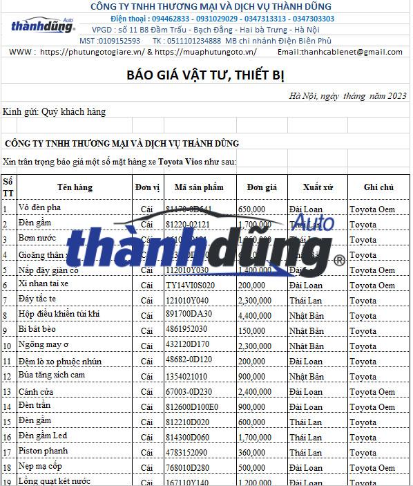 BÁO GIÁ PHỤ TÙNG XE TOYOTA VIOS