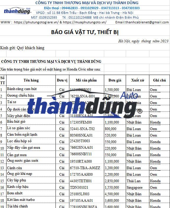 BÁO GIÁ PHỤ TÙNG XE HONDA CIVIC