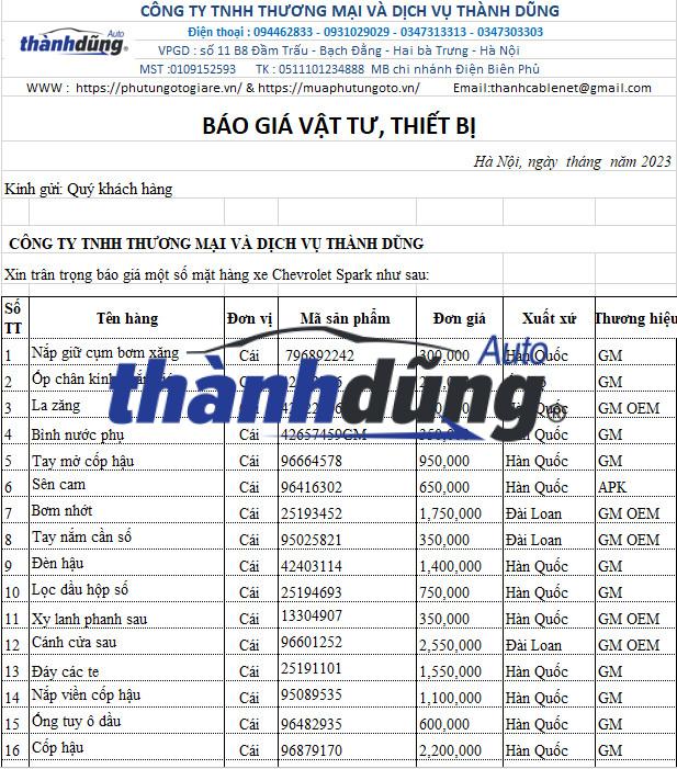 BÁO GIÁ PHỤ TÙNG XE CHEVROLET SPARK