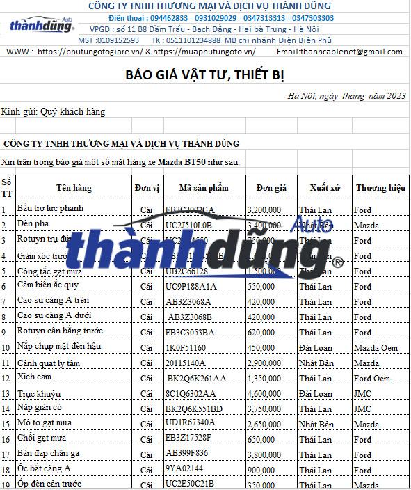 BÁO GIÁ PHỤ TÙNG XE MAZDA BT50