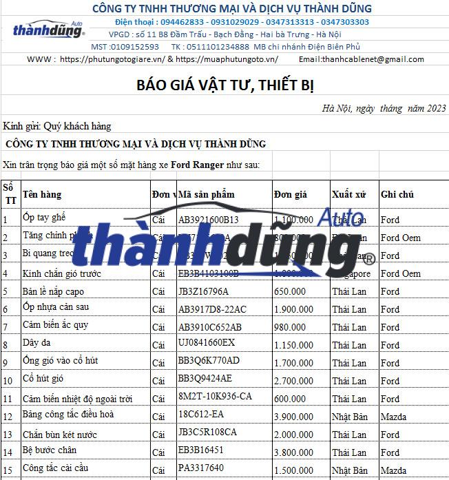 BÁO GIÁ PHỤ TÙNG XE FORD RANGER
