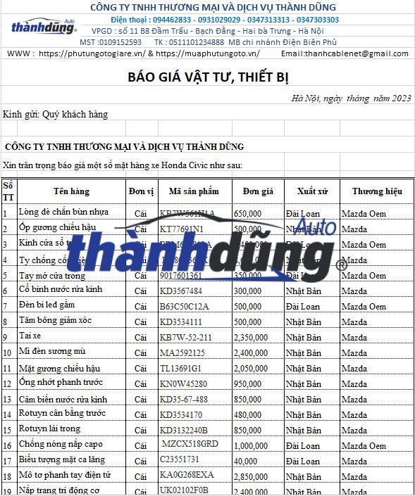 BÁO GIÁ PHỤ TÙNG XE MAZDA CX5