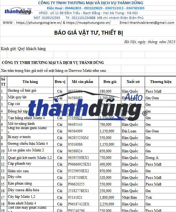 BÁO GIÁ PHỤ TÙNG DAEWOO MATIZ