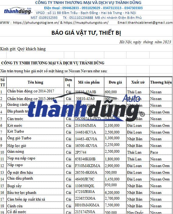 BÁO GIÁ PHỤ TÙNG XE NISSAN NAVARA