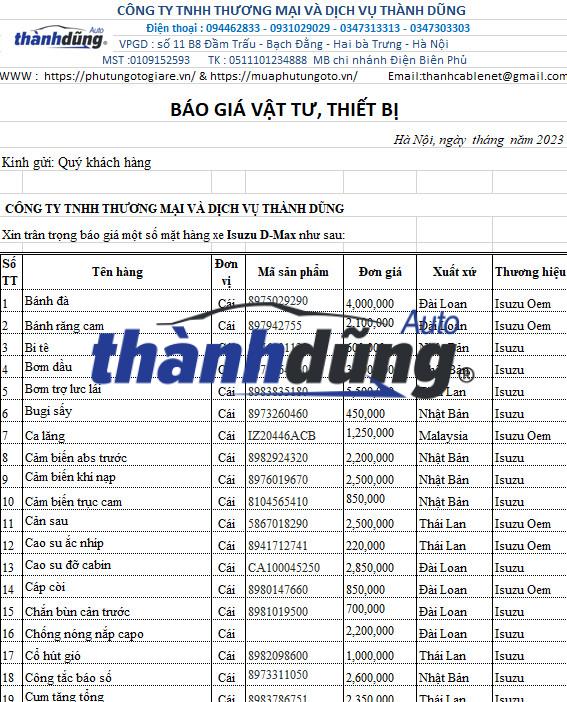 BÁO GIÁ PHỤ TÙNG XE ISUZU DMAX
