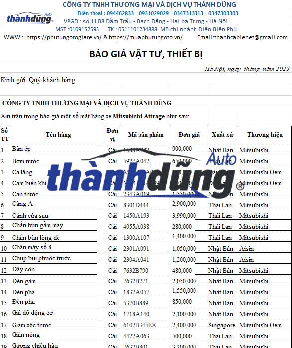 BÁO GIÁ PHỤ TÙNG XE MITSUBISHI ATTRAGE