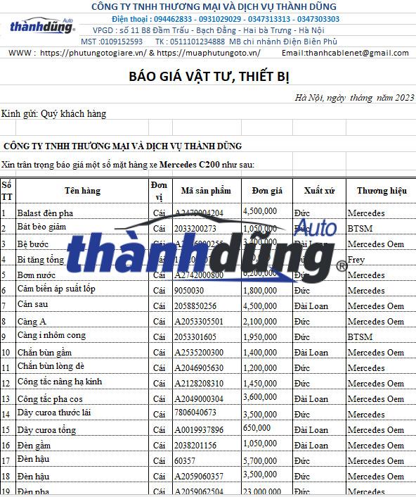 BÁO GIÁ PHỤ TÙNG XE MERCEDES C200