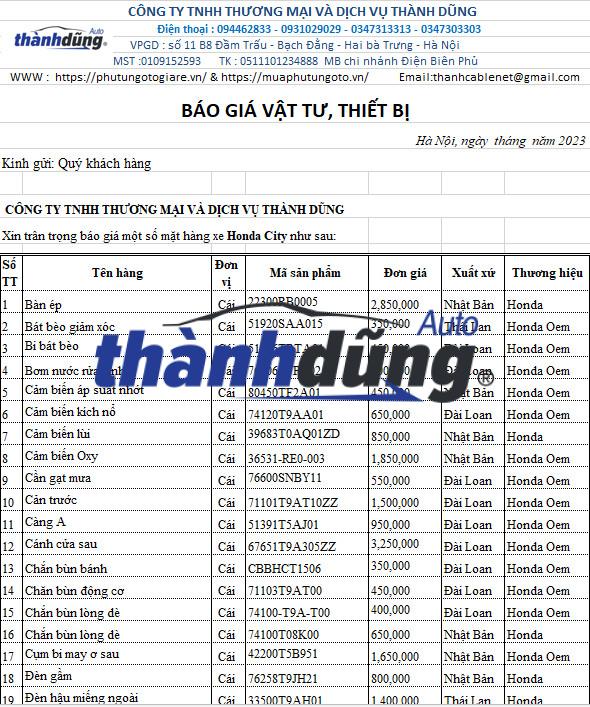 BÁO GIÁ PHỤ TÙNG XE HONDA CITY