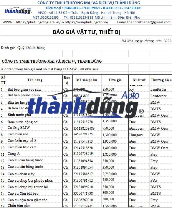 BÁO GIÁ PHỤ TÙNG XE BMW 320I