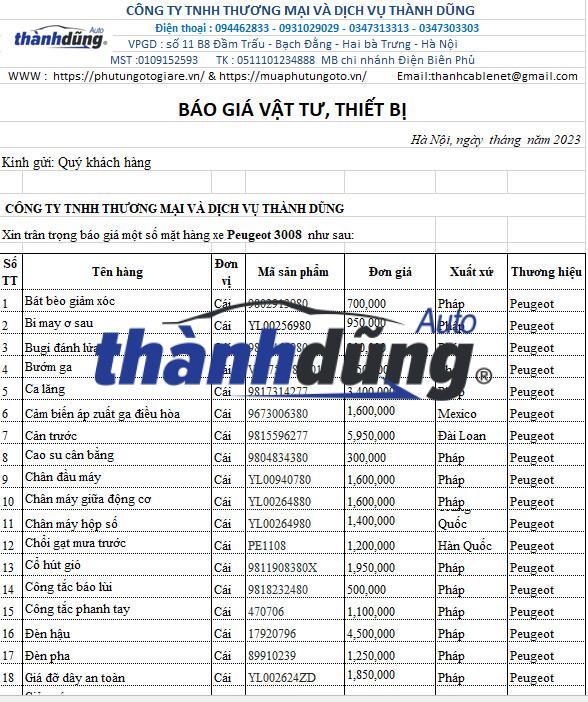 BÁO GIÁ PHỤ TÙNG XE PEUGEOT 3008