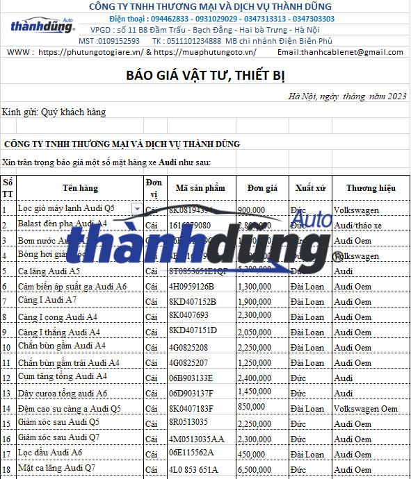 BÁO GIÁ PHỤ TÙNG XE AUDI