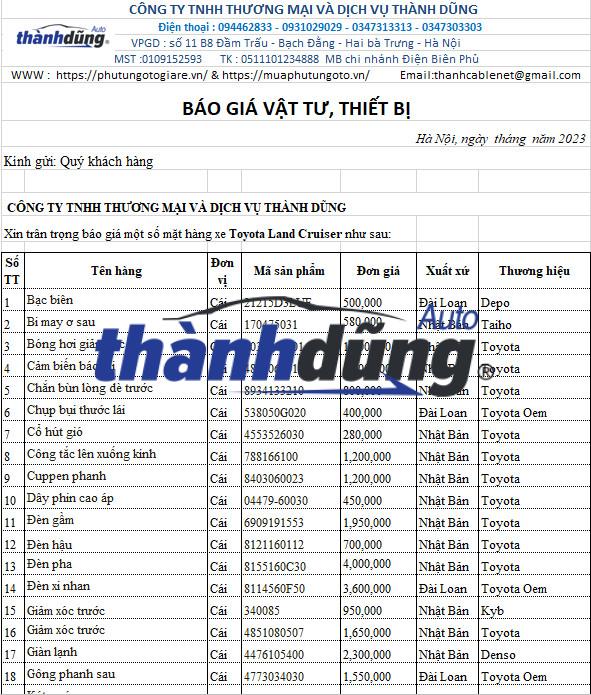 BÁO GIÁ PHỤ TÙNG XE TOYOTA LAND CRUISER