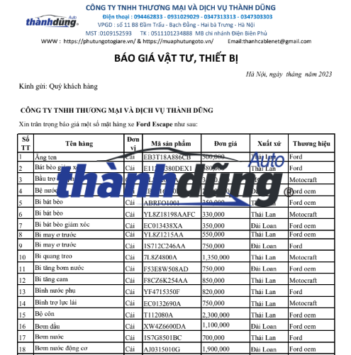 BÁO GIÁ PHỤ TÙNG XE FORD ESCAPE 