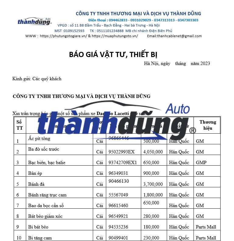 BÁO GIÁ PHỤ TÙNG XE DAEWOO LACETTI 