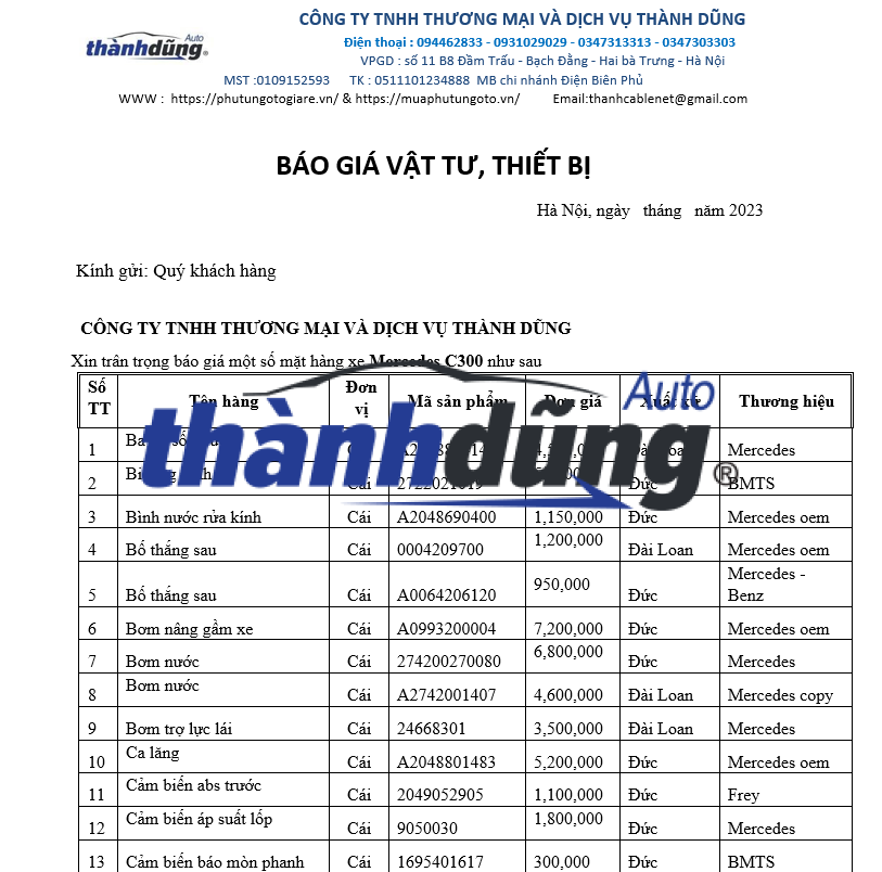 BÁO GIÁ PHỤ TÙNG XE MERCEDES C300