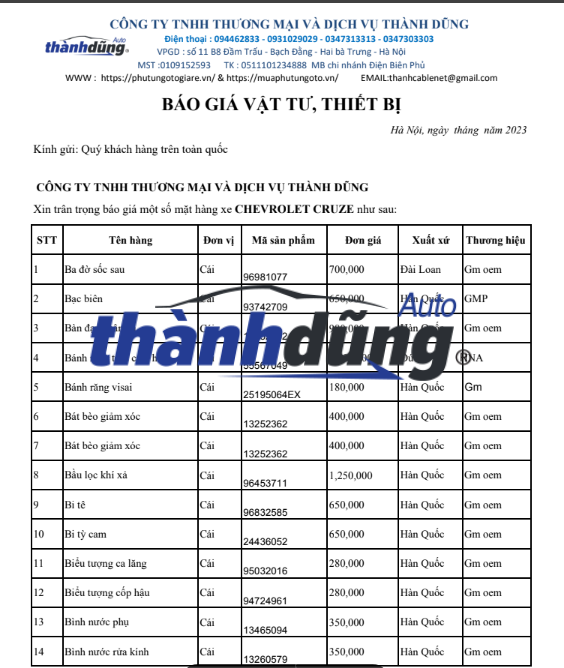 BÁO GIÁ PHỤ TÙNG XE CHEVROLET CRUZE