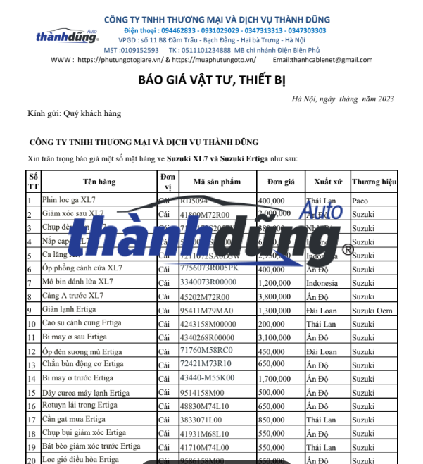 BÁO GIÁ PHỤ TÙNG Ô TÔ SUZUKI ERTIGA, XL7