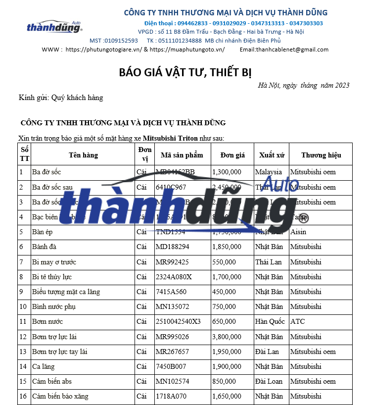 BÁO GIÁ PHỤ TÙNG XE MITSUBISHI TRITON 