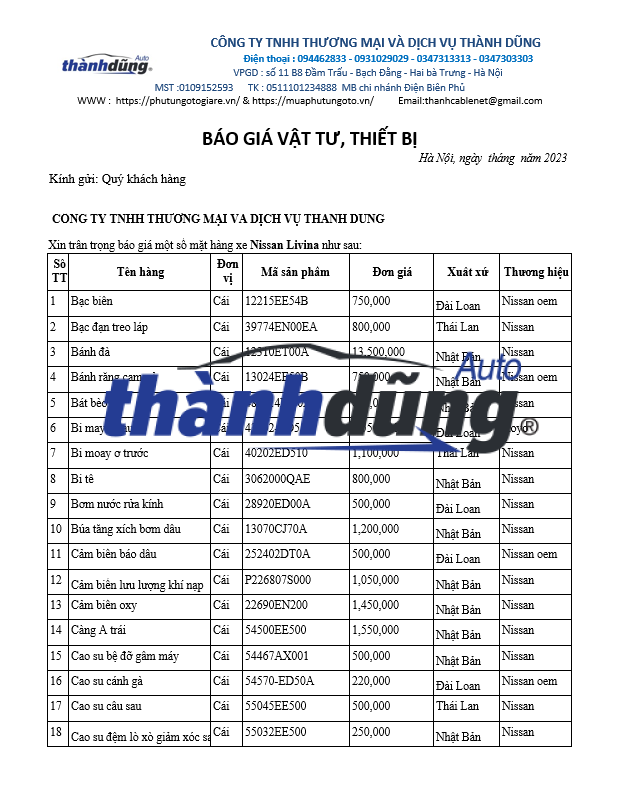 BÁO GIÁ PHỤ TÙNG XE NISSAN LIVINA