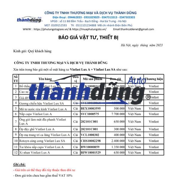 BÁO GIÁ PHỤ TÙNG Ô TÔ VINFAST LUX A VÀ LUX SA