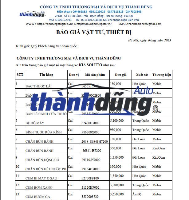 BÁO GIÁ PHỤ TÙNG Ô TÔ KIA SOLUTO