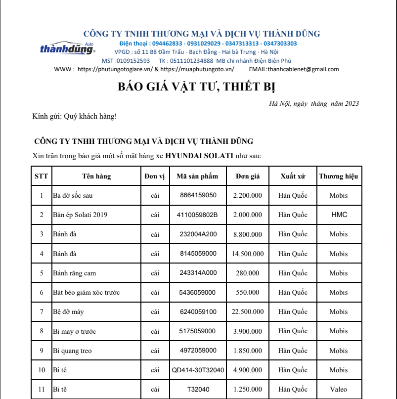 BÁO GIÁ PHỤ TÙNG Ô TÔ HYUNDAI SOLATI
