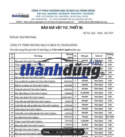 BÁO GIÁ PHỤ TÙNG Ô TÔ CHEVROLET CAPTIVA