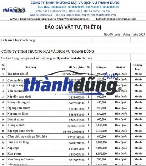 BÁO GIÁ PHỤ TÙNG Ô TÔ HYUNDAI SANTAFE