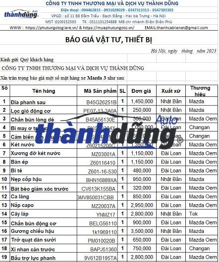 BÁO GIÁ PHỤ TÙNG Ô TÔ MAZDA 3