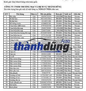 BÁO GIÁ PHỤ TÙNG XE NISSAN TIIDA