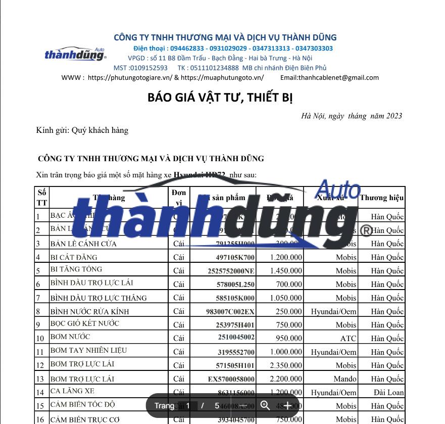 BÁO GIÁ PHỤ TÙNG XE HYUNDAI HD72