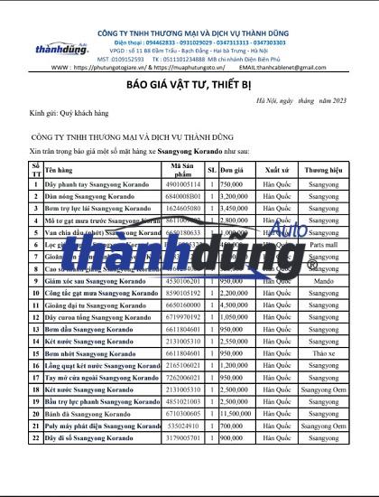 BÁO GIÁ PHỤ TÙNG Ô TÔ SSANGYONG KORANDO