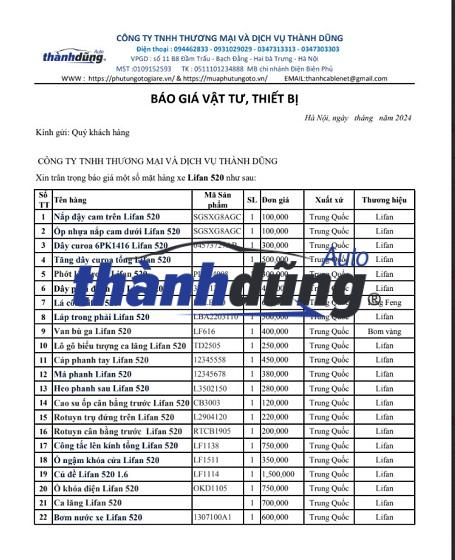 BÁO GIÁ PHỤ TÙNG Ô TÔ LIFAN 520