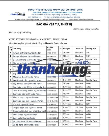 BÁO GIÁ PHỤ TÙNG Ô TÔ HYUNDAI PORTER