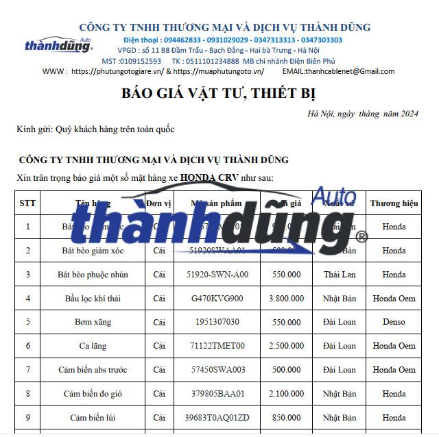 BÁO GIÁ PHỤ TÙNG Ô TÔ HONDA CRV