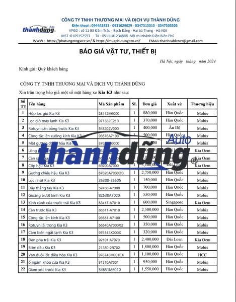 BÁO GIÁ PHỤ TÙNG Ô TÔ KIA K3